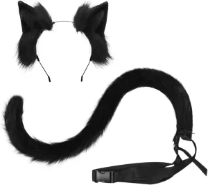 Furry Cat Ear Hairband Set - Faux Fur Animal Ear Hair Clip Kit - Cosplay Hair Hoop - Long Tail - Adjustable Waist Belt