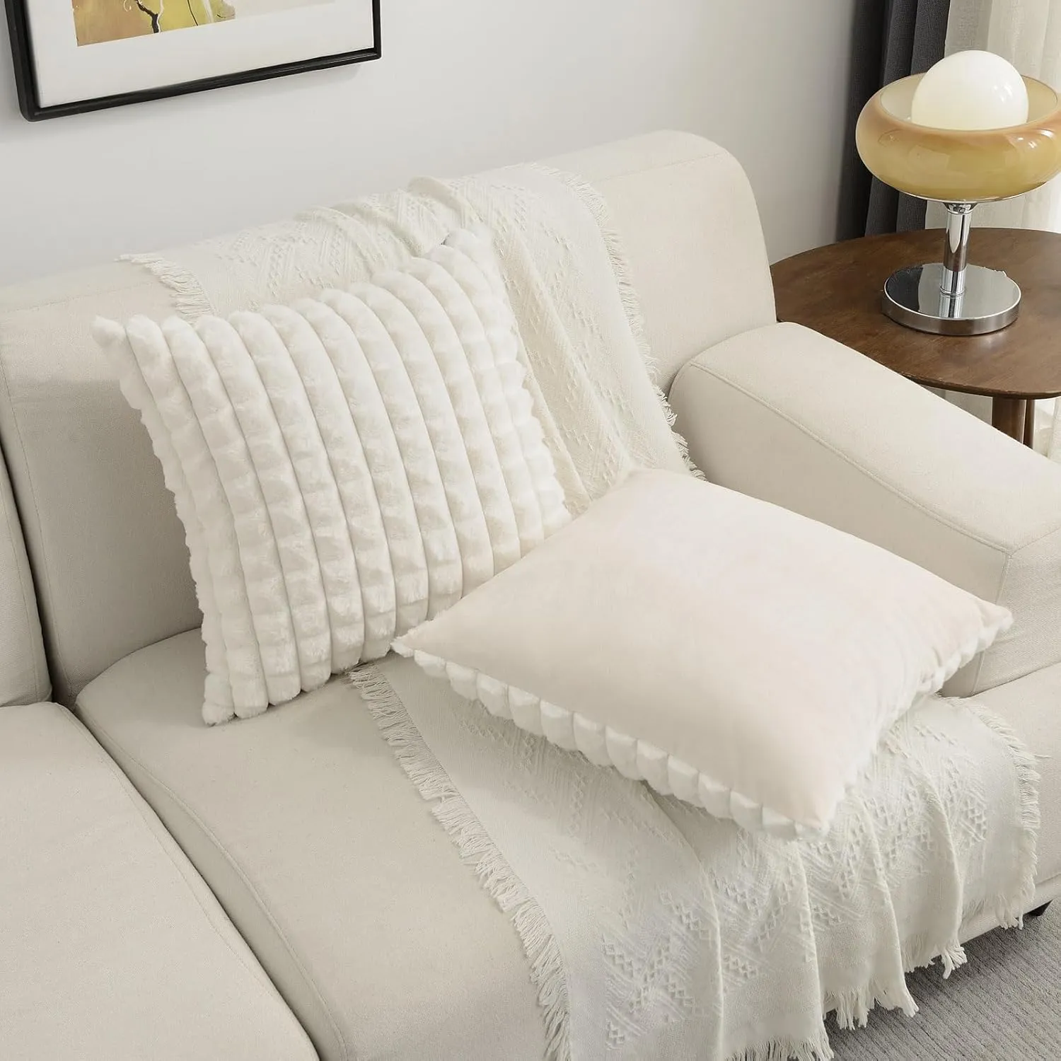 FUTEI Cream White Decorative Throw Pillow Covers 18x18 Inch Set of 2,Square Cushion Case,Fluffy Faux Rabbit Fur Plaid & Soft Velvet Back,Modern Home Decor for Couch Bed