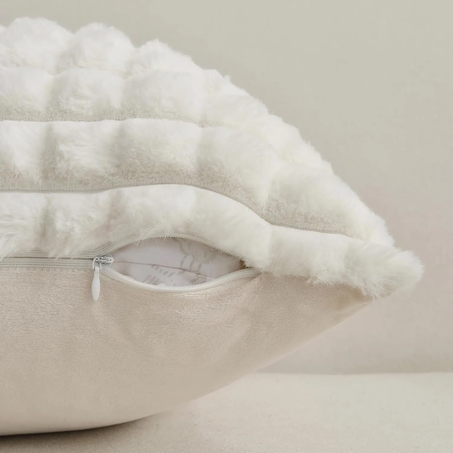 FUTEI Cream White Decorative Throw Pillow Covers 18x18 Inch Set of 2,Square Cushion Case,Fluffy Faux Rabbit Fur Plaid & Soft Velvet Back,Modern Home Decor for Couch Bed