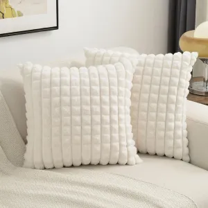 FUTEI Cream White Decorative Throw Pillow Covers 18x18 Inch Set of 2,Square Cushion Case,Fluffy Faux Rabbit Fur Plaid & Soft Velvet Back,Modern Home Decor for Couch Bed