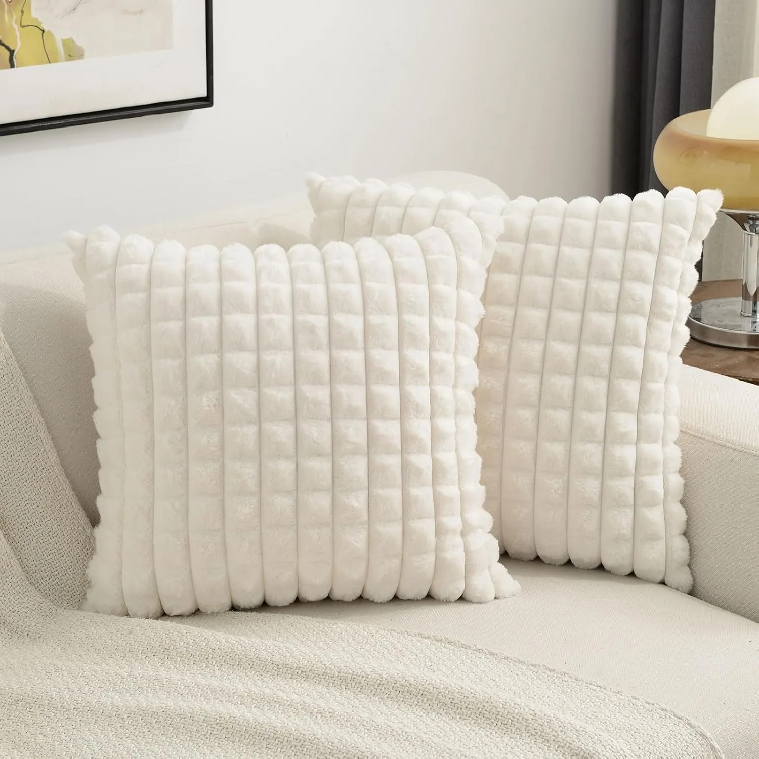 FUTEI Cream White Decorative Throw Pillow Covers 18x18 Inch Set of 2,Square Cushion Case,Fluffy Faux Rabbit Fur Plaid & Soft Velvet Back,Modern Home Decor for Couch Bed