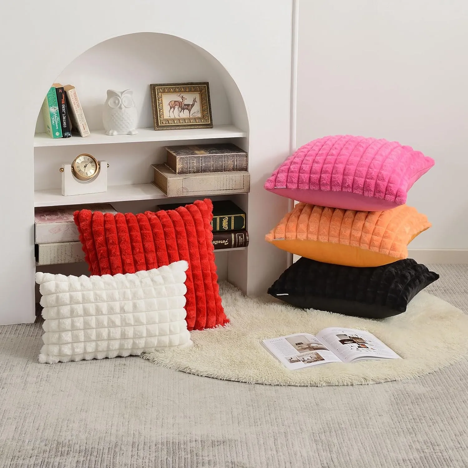 FUTEI Cream White Decorative Throw Pillow Covers 18x18 Inch Set of 2,Square Cushion Case,Fluffy Faux Rabbit Fur Plaid & Soft Velvet Back,Modern Home Decor for Couch Bed