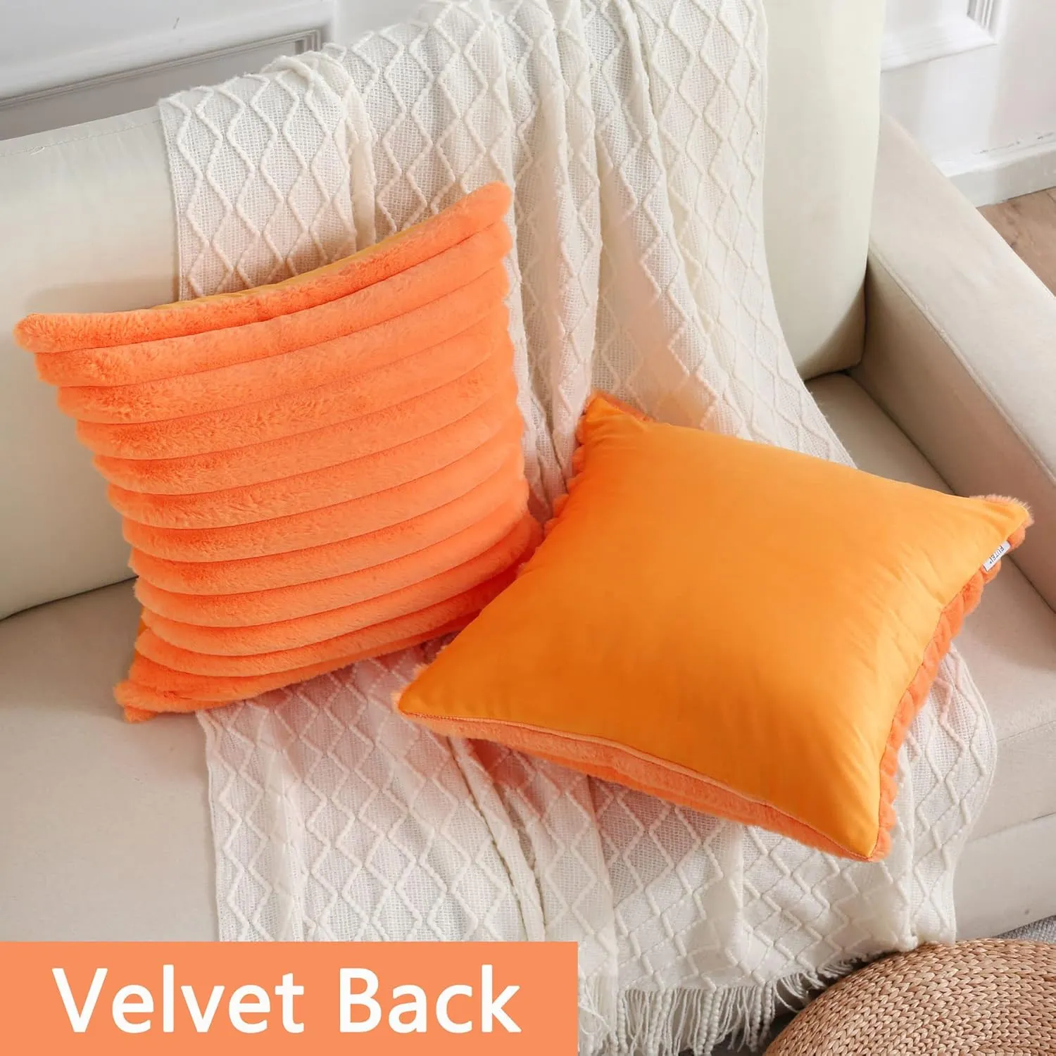 FUTEI Orange Striped Decorative Throw Pillow Covers 18x18 Inch Set of 2,Square Spring Decorations Couch Pillow Case,Soft Cozy Faux Rabbit Fur & Velvet Back,Modern Home Decor for Bed
