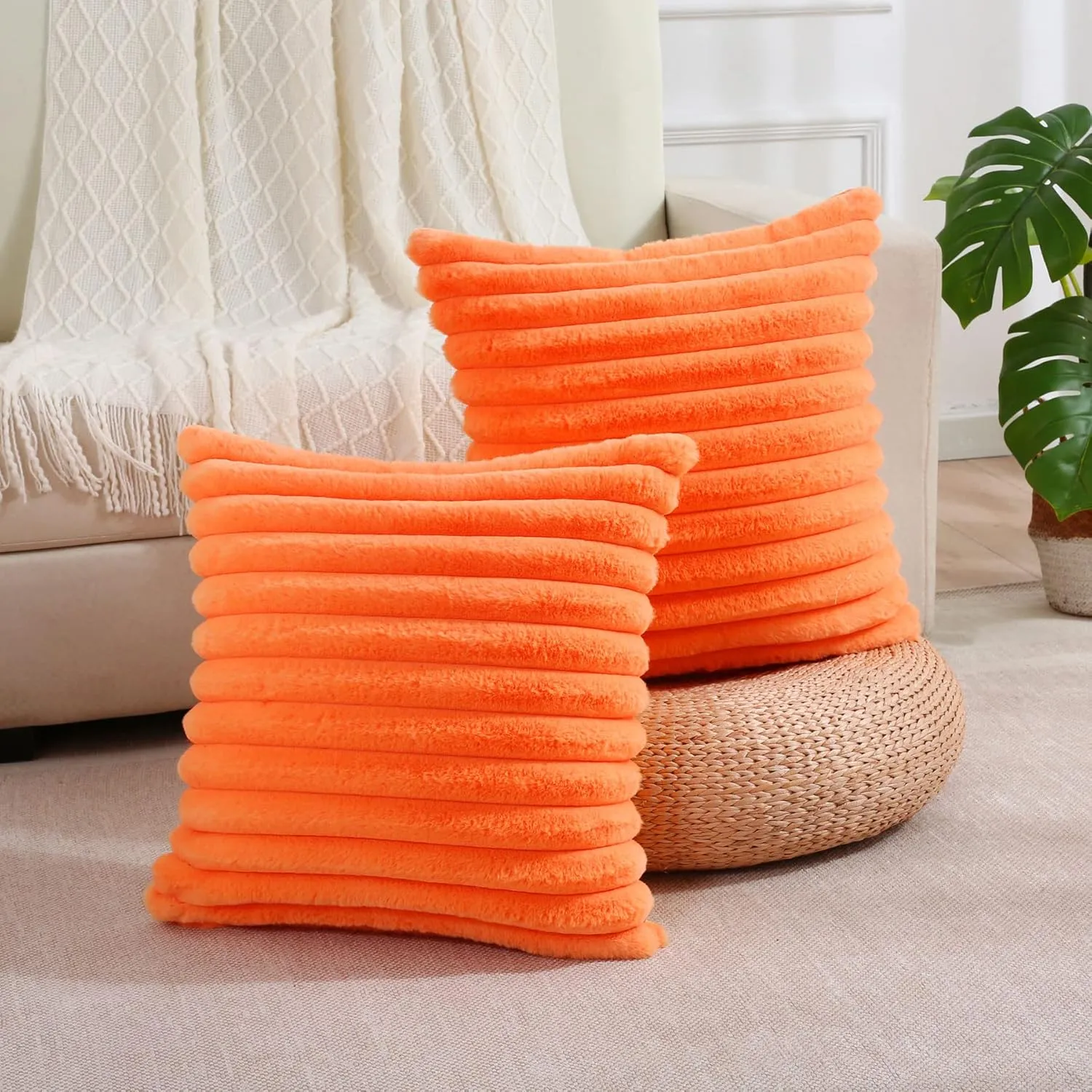 FUTEI Orange Striped Decorative Throw Pillow Covers 18x18 Inch Set of 2,Square Spring Decorations Couch Pillow Case,Soft Cozy Faux Rabbit Fur & Velvet Back,Modern Home Decor for Bed