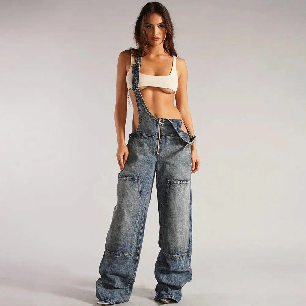 FZ Women's V Neck Adjustable Straps Loose Bib Denim Jumpsuit