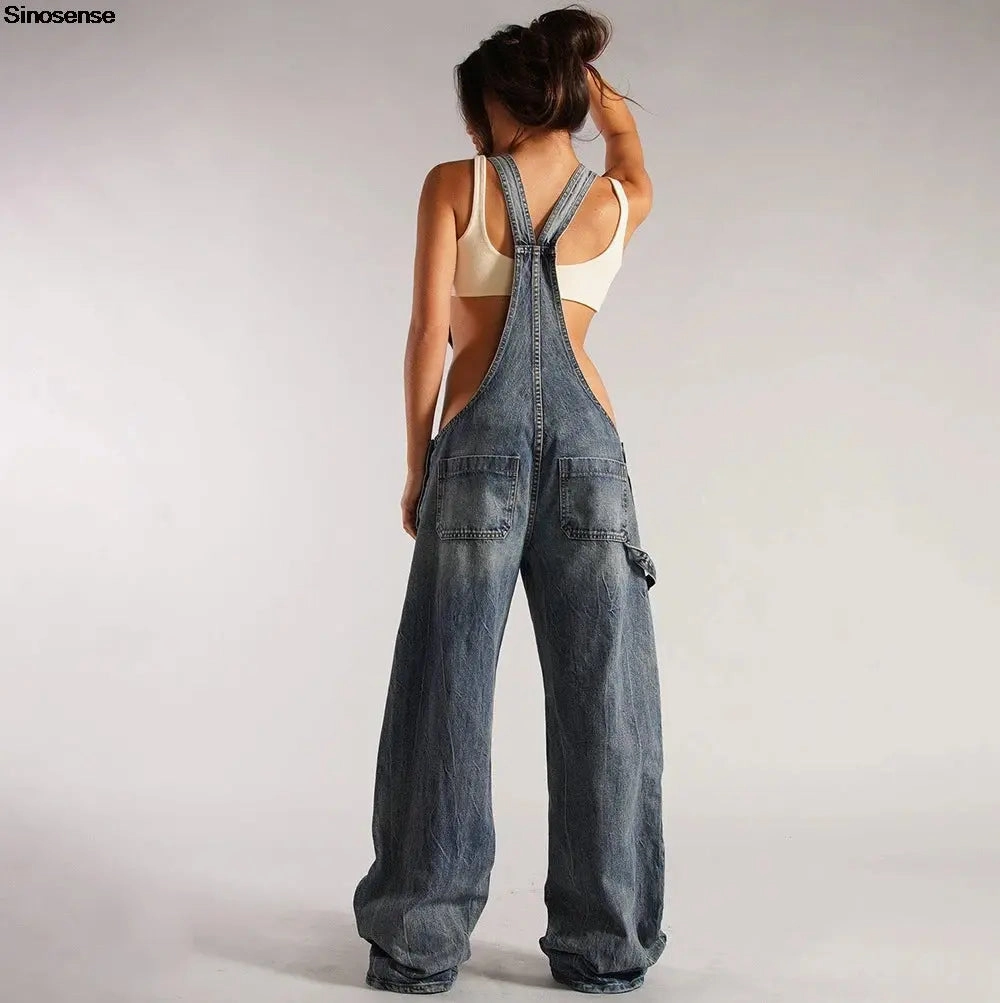 FZ Women's V Neck Adjustable Straps Loose Bib Denim Jumpsuit