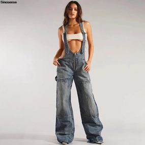 FZ Women's V Neck Adjustable Straps Loose Bib Denim Jumpsuit