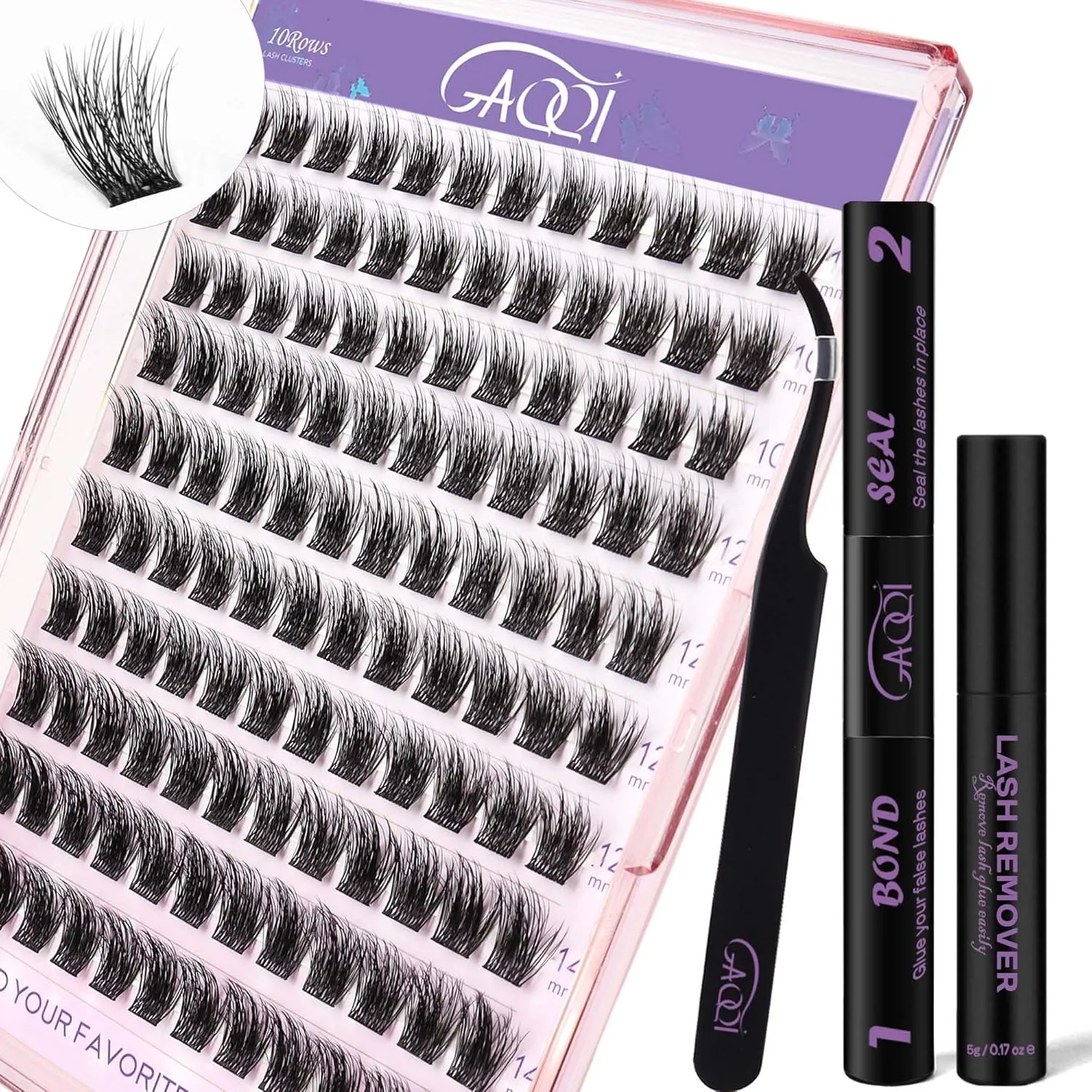 GAQQI Lash Clusters Kit, DIY Lash Extensions Kit 10-14mm Fluffy Cluster Lashes, Volume Eyelash Clusters with Lash Bond and Seal Tweezer Remover 120pcs Thin Band Individual Lashes (3D-GQ01-KIT)