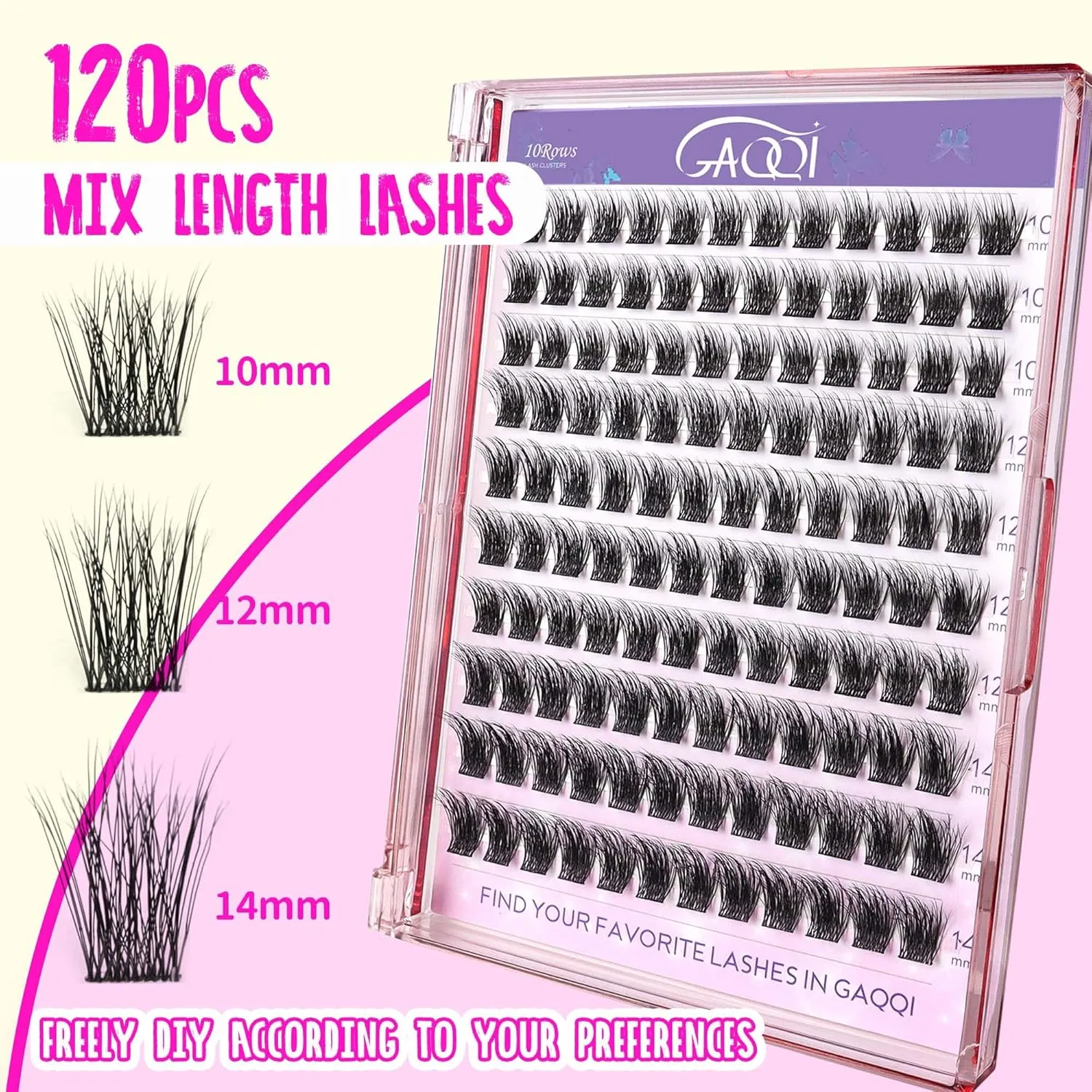 GAQQI Lash Clusters Kit, DIY Lash Extensions Kit 10-14mm Fluffy Cluster Lashes, Volume Eyelash Clusters with Lash Bond and Seal Tweezer Remover 120pcs Thin Band Individual Lashes (3D-GQ01-KIT)
