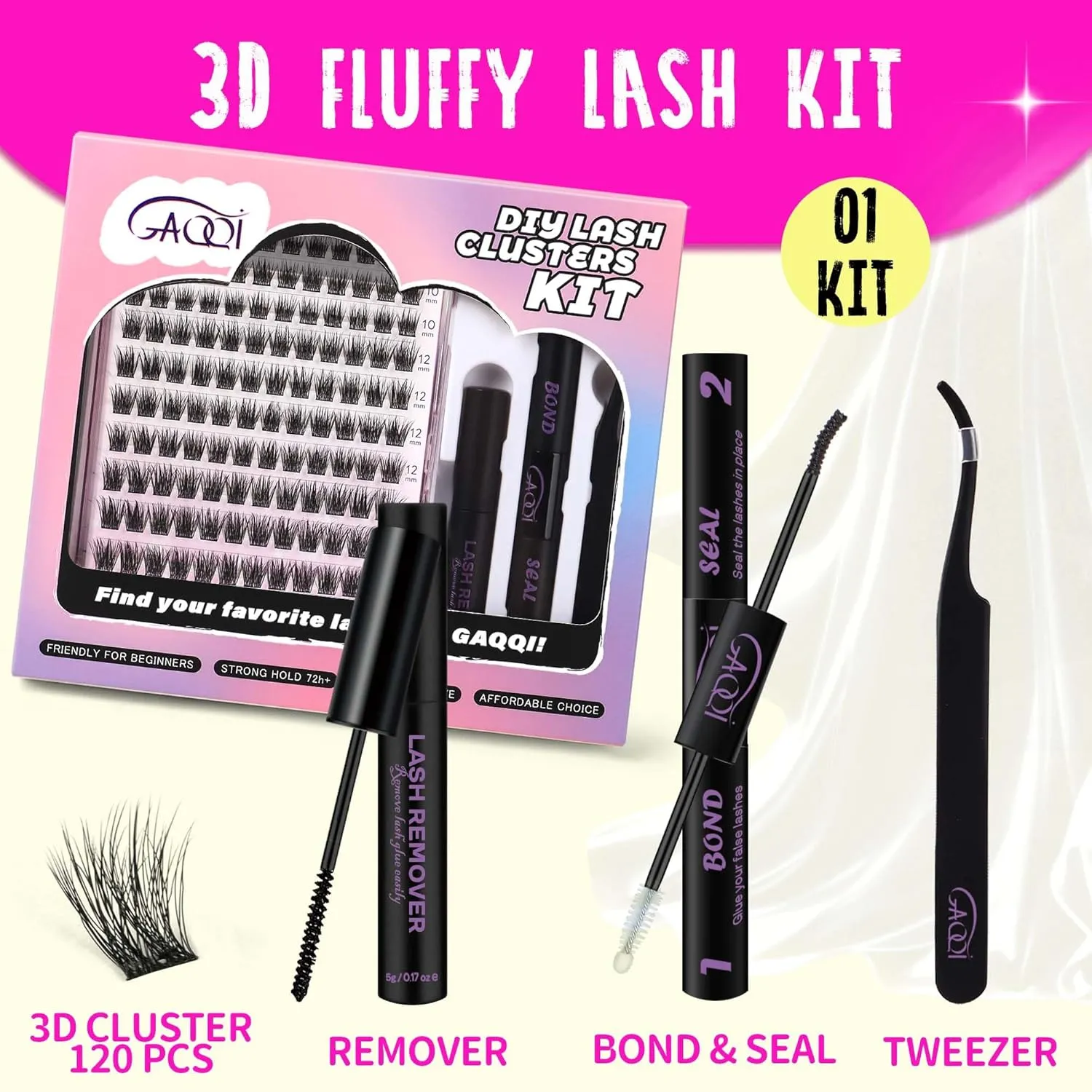 GAQQI Lash Clusters Kit, DIY Lash Extensions Kit 10-14mm Fluffy Cluster Lashes, Volume Eyelash Clusters with Lash Bond and Seal Tweezer Remover 120pcs Thin Band Individual Lashes (3D-GQ01-KIT)