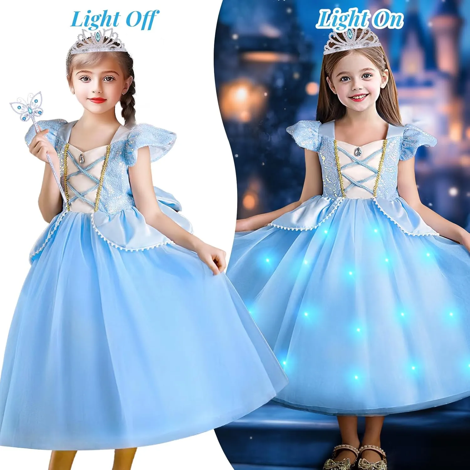 G.C Light Up Princess Costume Dress for Girls Kids Princess Dress Up Clothes Crown Wand Necklace Gloves Halloween Cosplay