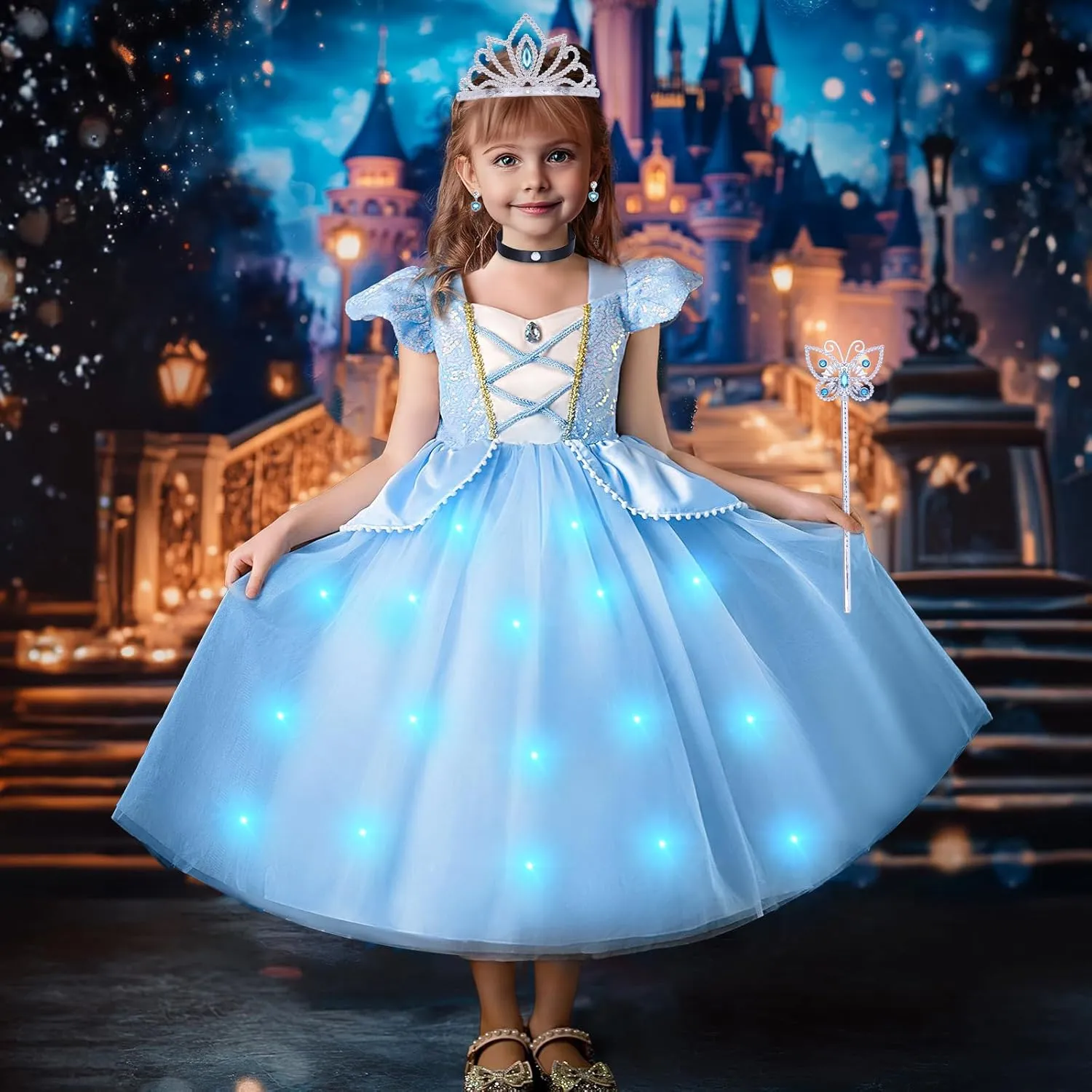 G.C Light Up Princess Costume Dress for Girls Kids Princess Dress Up Clothes Crown Wand Necklace Gloves Halloween Cosplay
