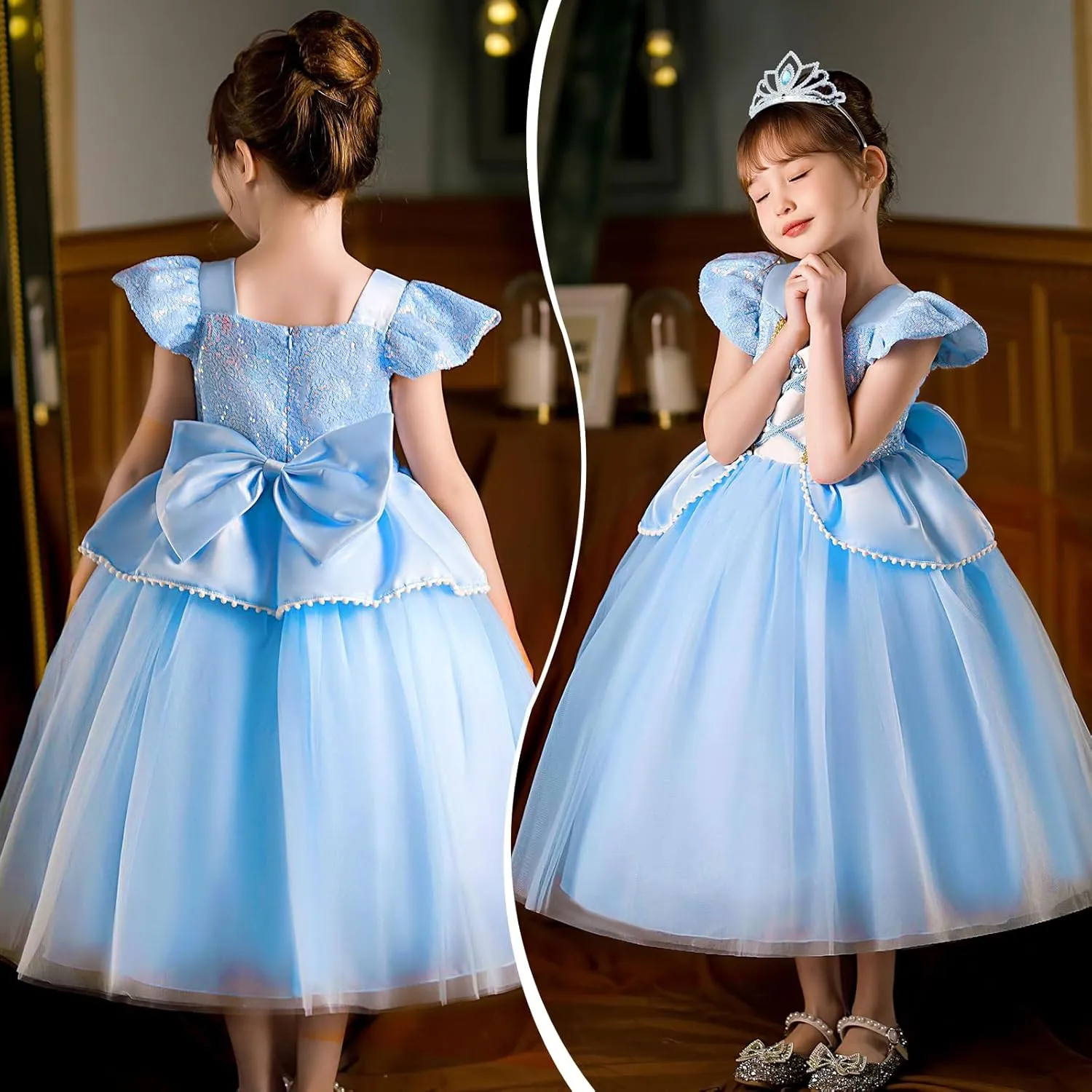 G.C Light Up Princess Costume Dress for Girls Kids Princess Dress Up Clothes Crown Wand Necklace Gloves Halloween Cosplay