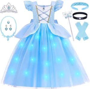 G.C Light Up Princess Costume Dress for Girls Kids Princess Dress Up Clothes Crown Wand Necklace Gloves Halloween Cosplay