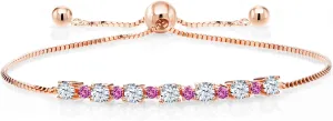 Gem Stone King 1.03 Ct White Created Sapphire Pink Created Sapphire 18K Rose Gold Plated Silver Adjustable Tennis Bracelet for Women Up to 9 Inch