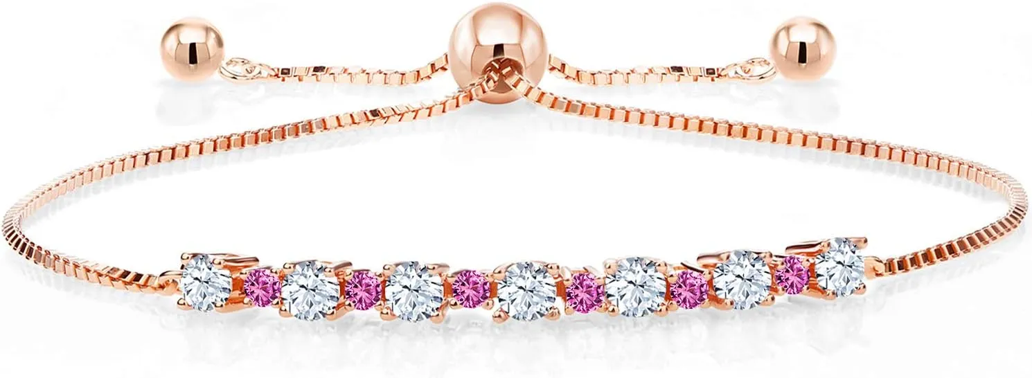 Gem Stone King 1.03 Ct White Created Sapphire Pink Created Sapphire 18K Rose Gold Plated Silver Adjustable Tennis Bracelet for Women Up to 9 Inch