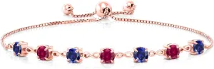 Gem Stone King 18K Rose Gold Plated Silver Blue Created Sapphire and Red Created Ruby Infinity Links Bracelet For Women (2.60 Cttw, Round 4.5MM, Fully Adjustable Up to 9 Inch)