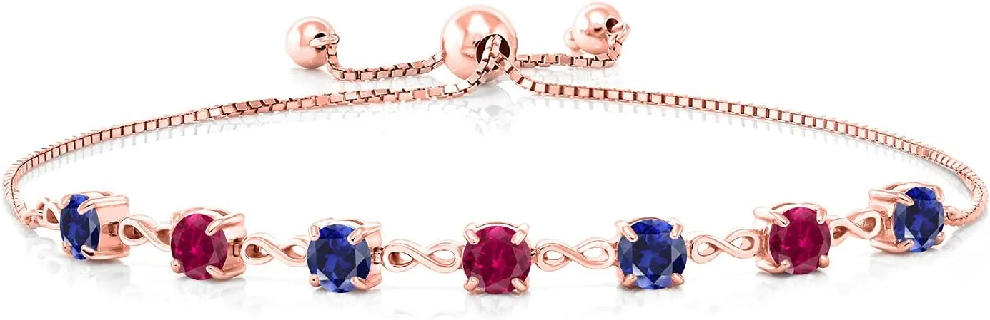 Gem Stone King 18K Rose Gold Plated Silver Blue Created Sapphire and Red Created Ruby Infinity Links Bracelet For Women (2.60 Cttw, Round 4.5MM, Fully Adjustable Up to 9 Inch)