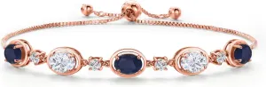 Gem Stone King 18K Rose Gold Plated Silver Blue Sapphire and White Moissanite Bracelet For Women | 4.80 Cttw | Gemstone September Birthstone | Oval 7X5MM | Fully Adjustable 9 Inch