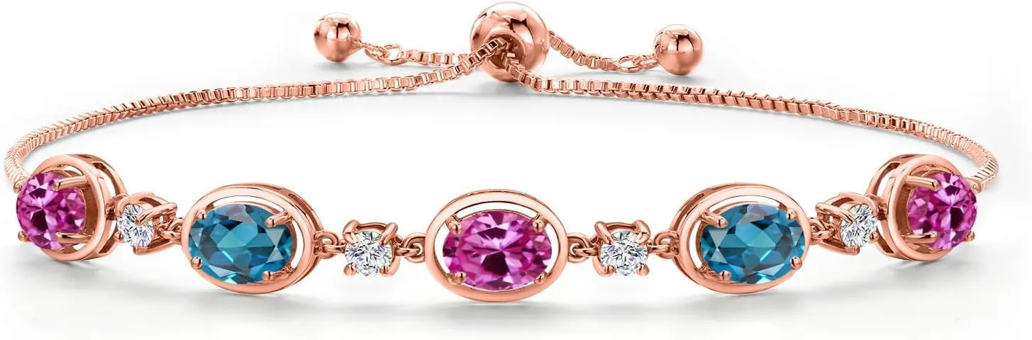 Gem Stone King 18K Rose Gold Plated Silver Pink Created Sapphire and London Blue Topaz Bracelet For Women | 4.70 Cttw | Gemstone September Birthstone | Oval 7X5MM | Fully Adjustable 9 Inch