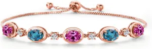 Gem Stone King 18K Rose Gold Plated Silver Pink Created Sapphire and London Blue Topaz Bracelet For Women | 4.70 Cttw | Gemstone September Birthstone | Oval 7X5MM | Fully Adjustable 9 Inch