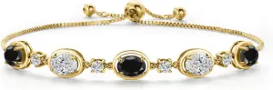 Gem Stone King 18K Yellow Gold Plated Silver Black Sapphire and White Lab Grown Diamond Bracelet For Women | 4.70 Cttw | Gemstone September Birthstone | Oval 7X5MM | Fully Adjustable 9 Inch