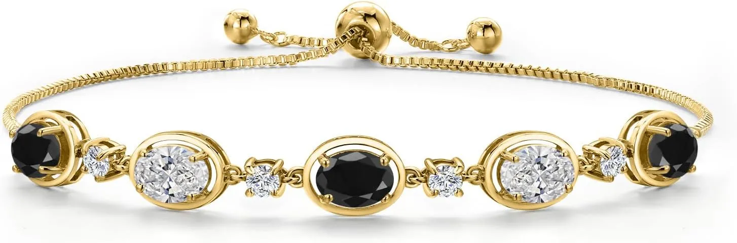 Gem Stone King 18K Yellow Gold Plated Silver Black Sapphire and White Lab Grown Diamond Bracelet For Women | 4.70 Cttw | Gemstone September Birthstone | Oval 7X5MM | Fully Adjustable 9 Inch