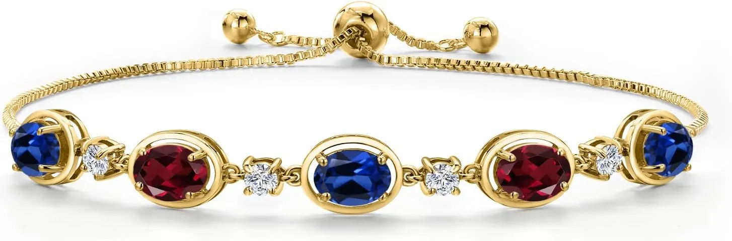Gem Stone King 18K Yellow Gold Plated Silver Blue Created Sapphire and Red Rhodolite Garnet Bracelet For Women | 4.80 Cttw | Gemstone September Birthstone | Oval 7X5MM | Fully Adjustable 9 Inch