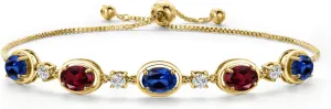 Gem Stone King 18K Yellow Gold Plated Silver Blue Created Sapphire and Red Rhodolite Garnet Bracelet For Women | 4.80 Cttw | Gemstone September Birthstone | Oval 7X5MM | Fully Adjustable 9 Inch