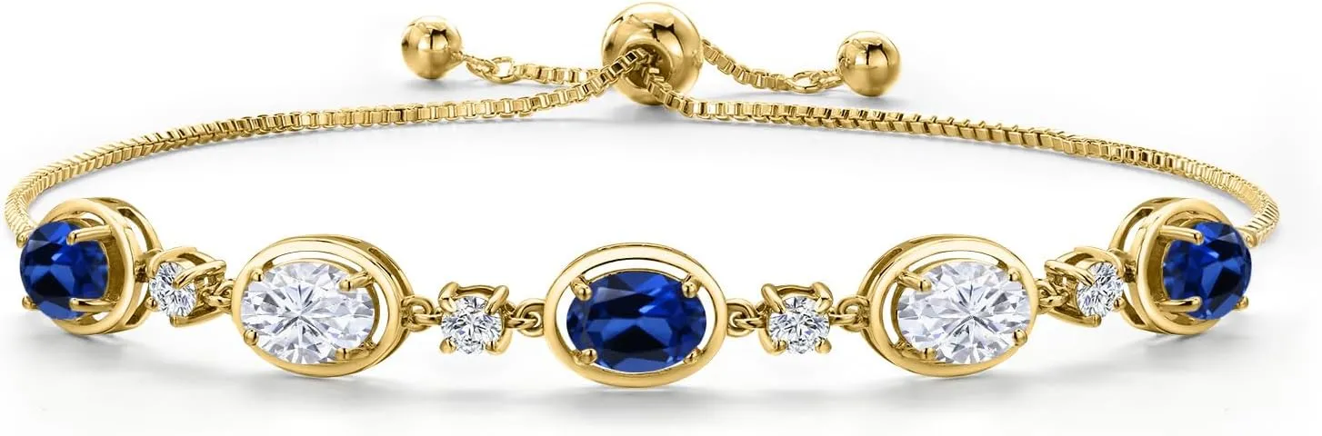 Gem Stone King 18K Yellow Gold Plated Silver Blue Created Sapphire and White Zirconia Bracelet For Women | 6.00 Cttw | Gemstone September Birthstone | Oval 7X5MM | Fully Adjustable 9 Inch