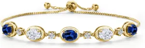Gem Stone King 18K Yellow Gold Plated Silver Blue Created Sapphire and White Zirconia Bracelet For Women | 6.00 Cttw | Gemstone September Birthstone | Oval 7X5MM | Fully Adjustable 9 Inch