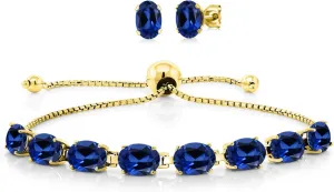 Gem Stone King 18K Yellow Gold Plated Silver Blue Created Sapphire Bracelet and Earrings Jewelry Set For Women (10.00 Cttw, Gemstone September Birthstone, Oval 7X5MM, Fully Adjustable Up to 9 Inch)