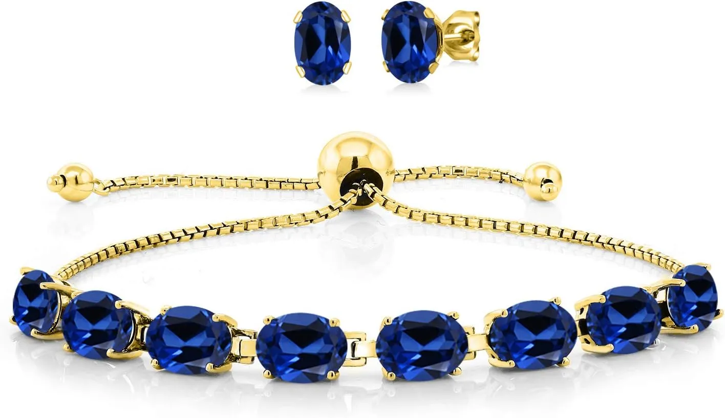 Gem Stone King 18K Yellow Gold Plated Silver Blue Created Sapphire Bracelet and Earrings Jewelry Set For Women (10.00 Cttw, Gemstone September Birthstone, Oval 7X5MM, Fully Adjustable Up to 9 Inch)