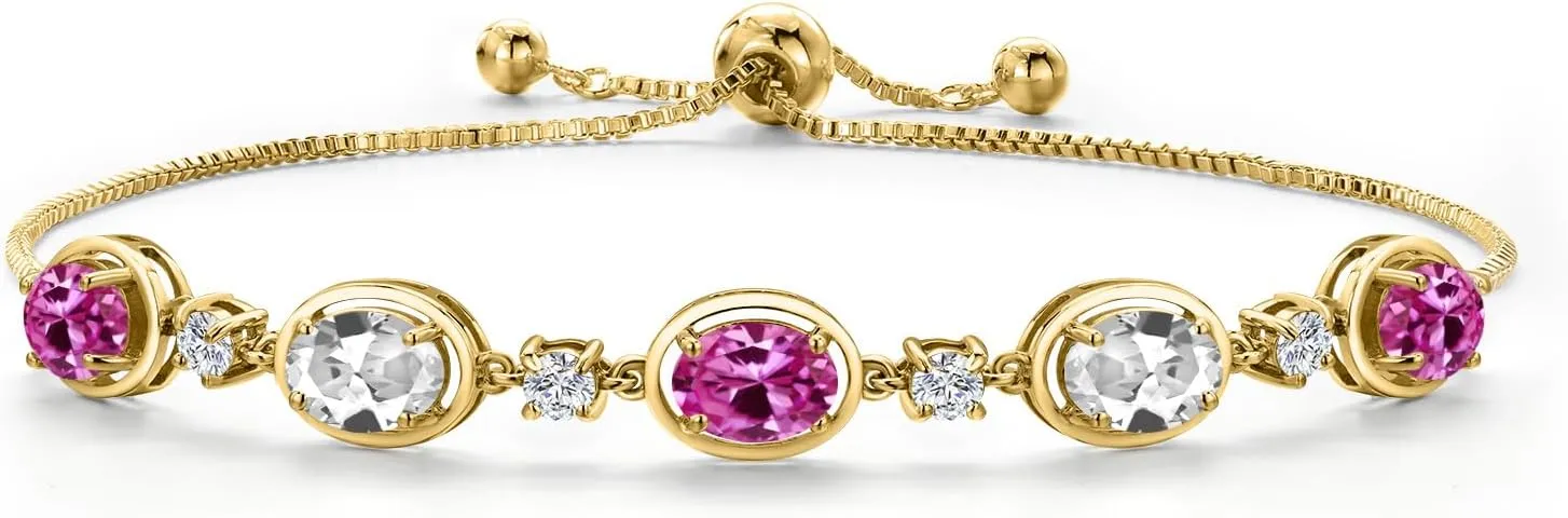 Gem Stone King 18K Yellow Gold Plated Silver Pink Created Sapphire and White Created Sapphire Bracelet For Women | 4.70 Cttw | Gemstone September Birthstone | Oval 7X5MM | Fully Adjustable 9 Inch