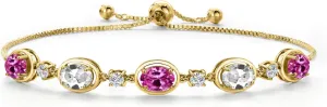 Gem Stone King 18K Yellow Gold Plated Silver Pink Created Sapphire and White Created Sapphire Bracelet For Women | 4.70 Cttw | Gemstone September Birthstone | Oval 7X5MM | Fully Adjustable 9 Inch