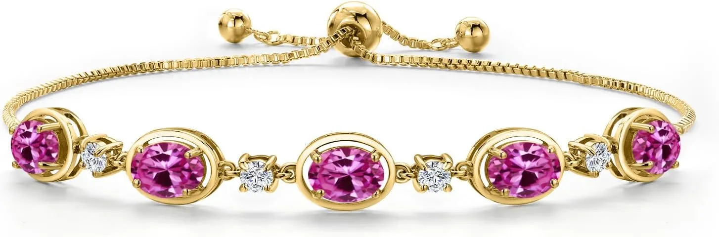 Gem Stone King 18K Yellow Gold Plated Silver Pink Created Sapphire Bracelet For Women | 4.50 Cttw | Gemstone September Birthstone | Oval 7X5MM | Fully Adjustable 9 Inch