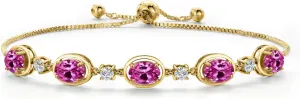 Gem Stone King 18K Yellow Gold Plated Silver Pink Created Sapphire Bracelet For Women | 4.50 Cttw | Gemstone September Birthstone | Oval 7X5MM | Fully Adjustable 9 Inch