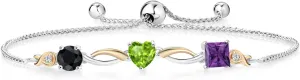 Gem Stone King 925 Silver and 10K Yellow Gold Black Sapphire Green Peridot Purple Amethyst and Lab Grown Diamond Tennis Bracelet for Women By Keren Hanan (2.11 cttw, Adjustable Up To 9 Inch)