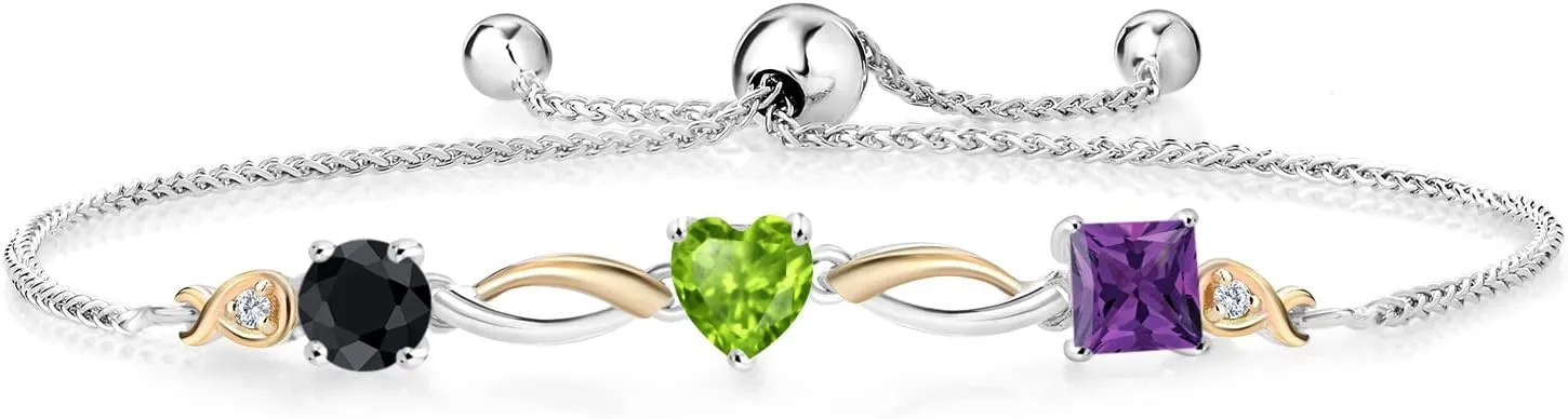 Gem Stone King 925 Silver and 10K Yellow Gold Black Sapphire Green Peridot Purple Amethyst and Lab Grown Diamond Tennis Bracelet for Women By Keren Hanan (2.11 cttw, Adjustable Up To 9 Inch)