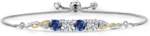Gem Stone King 925 Silver and 10K Yellow Gold Blue Created Sapphire and White Lab Grown Diamond Bracelet For Women | 2.22 Cttw | Gemstone September Birthstone | Round 5MM | Fully Adjustable 9 Inch