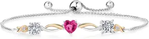 Gem Stone King 925 Silver and 10K Yellow Gold Pink Created Sapphire and Lab Grown Diamond Bracelet For Women | 2.02 Cttw | Gemstone April Birthstone | Round 5MM | Fully Adjustable 9 Inch