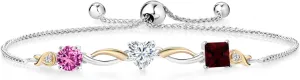 Gem Stone King 925 Silver and 10K Yellow Gold Pink Created Sapphire Moissanite Red Garnet and Lab Grown Diamond Tennis Bracelet for Women By Keren Hanan (2.27 cttw, Adjustable Up To 9 Inch)