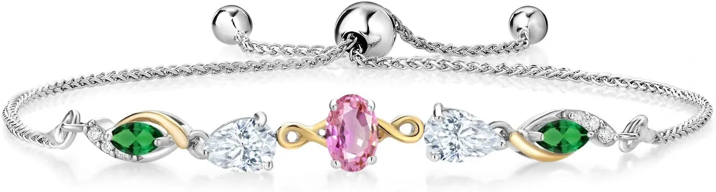 Gem Stone King 925 Silver and 10K Yellow Gold Pink Sapphire White Moissanite Nano Emerald and Lab Grown Diamond Tennis Bracelet for Women By Keren Hanan (1.84 cttw, Adjustable Up To 9 Inch)