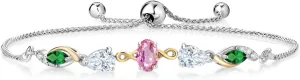 Gem Stone King 925 Silver and 10K Yellow Gold Pink Sapphire White Moissanite Nano Emerald and Lab Grown Diamond Tennis Bracelet for Women By Keren Hanan (1.84 cttw, Adjustable Up To 9 Inch)