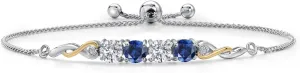 Gem Stone King 925 Silver and 10K Yellow Gold White Lab Grown Diamond and Blue Created Sapphire Bracelet For Women | 2.22 Cttw | Gemstone April Birthstone | Round 5MM | Fully Adjustable 9 Inch