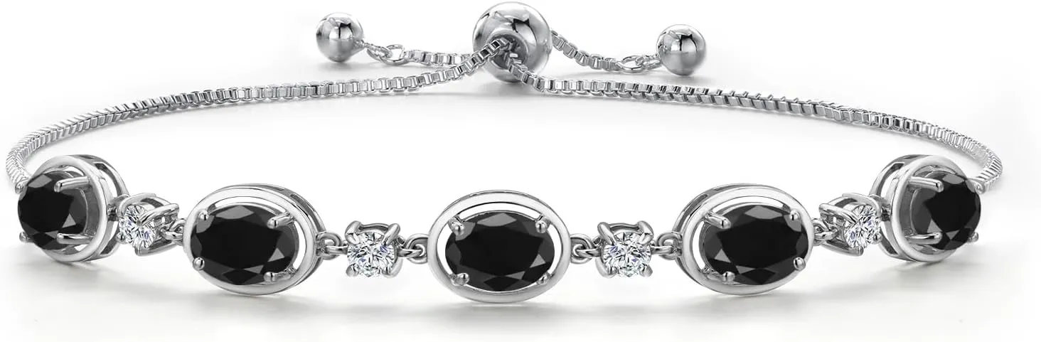 Gem Stone King 925 Sterling Silver Black Sapphire Bracelet For Women | 5.50 Cttw | Gemstone September Birthstone | Oval 7X5MM | Fully Adjustable 9 Inch