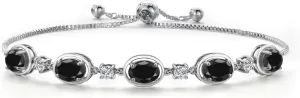 Gem Stone King 925 Sterling Silver Black Sapphire Bracelet For Women | 5.50 Cttw | Gemstone September Birthstone | Oval 7X5MM | Fully Adjustable 9 Inch