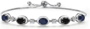 Gem Stone King 925 Sterling Silver Blue Sapphire and Black Sapphire Bracelet For Women | 5.20 Cttw | Gemstone September Birthstone | Oval 7X5MM | Fully Adjustable 9 Inch