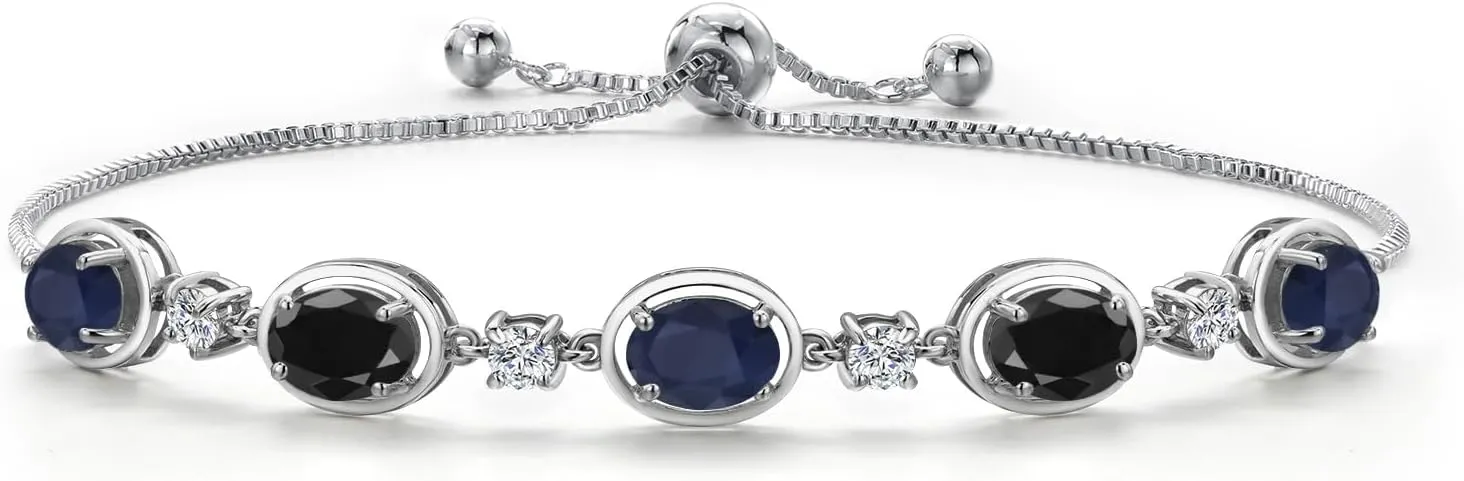 Gem Stone King 925 Sterling Silver Blue Sapphire and Black Sapphire Bracelet For Women | 5.20 Cttw | Gemstone September Birthstone | Oval 7X5MM | Fully Adjustable 9 Inch