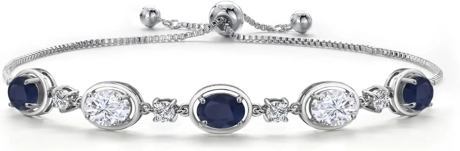 Gem Stone King 925 Sterling Silver Blue Sapphire and Moissanite Bracelet For Women | 4.80 Cttw | Gemstone September Birthstone | Oval 7X5MM | Fully Adjustable 9 Inch